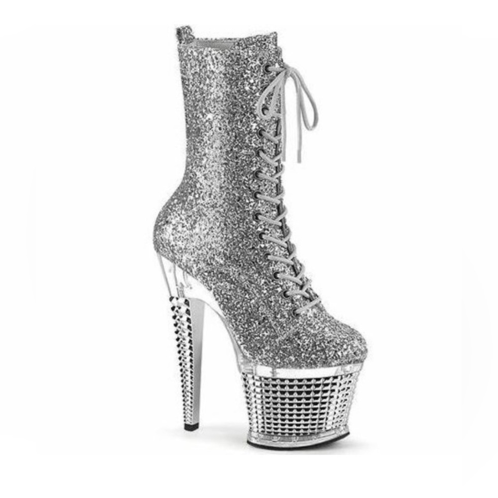 Pleaser Spectator 1040G Sparkly Silver Platform Stiletto Dancer Boots Women's 7